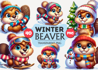 Cute winter beaver. clipart, png.