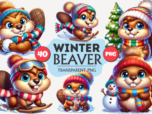 Cute winter beaver. clipart, png. t shirt vector file