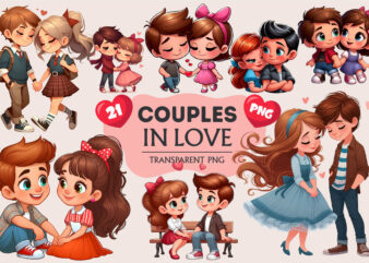 Cute cartoon couples in love. Valentine’s Day, PNG.