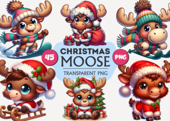 Cute Christmas moose. T-Shirt, PNG.