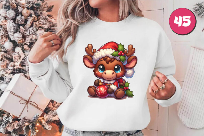 Cute Christmas moose. T-Shirt, PNG.