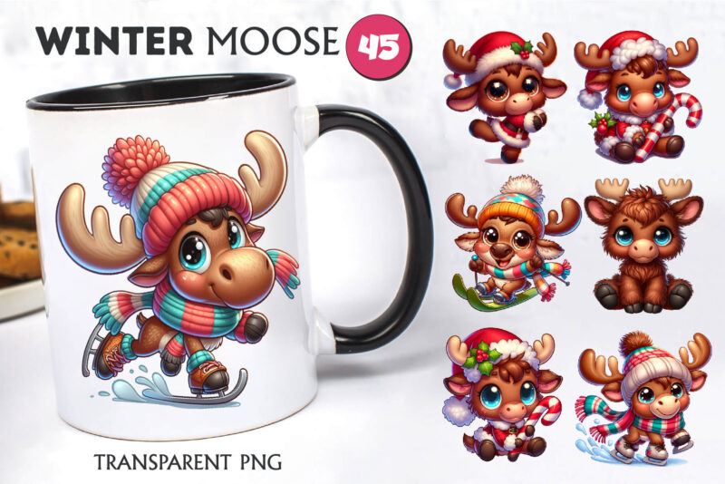 Cute Christmas moose. T-Shirt, PNG.