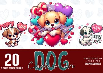 Retro Valentines Day Lovely Dog Couple in Love t-shirt design bundle of 20 designs – download instantly