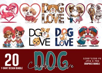 Trendy Valentines Day Dog Couple in Love t-shirt design bundle of 20 png & jpeg designs – download instantly Retro Vintage T-shirt