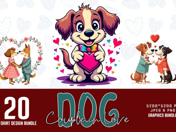 Trendy valentines day dog couple in love t-shirt design bundle of 20 png & jpeg designs – download instantly retro vintage t-shirt bundle