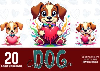 Colourful Valentines Day Dog Couple in Love t-shirt design bundle of 20 designs – download instantly Retro Vintage T-shirt Bundle