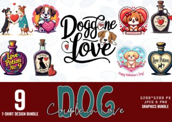 Trendy Valentines Day Dog Couple in Love t-shirt design bundle of 9 png & jpeg designs – download instantly Retro Vintage T-shirt Design