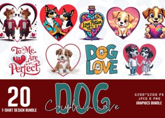 Colourful Valentines Day Dog Couple in Love t-shirt design bundle of 20 designs – download instantly Retro Vintage T-shirt Bundle