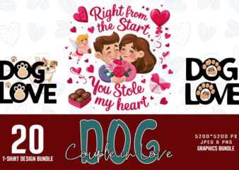 Colourful Valentines Day Dog Couple in Love t-shirt design bundle of 20 designs – download instantly Retro Vintage Bundle