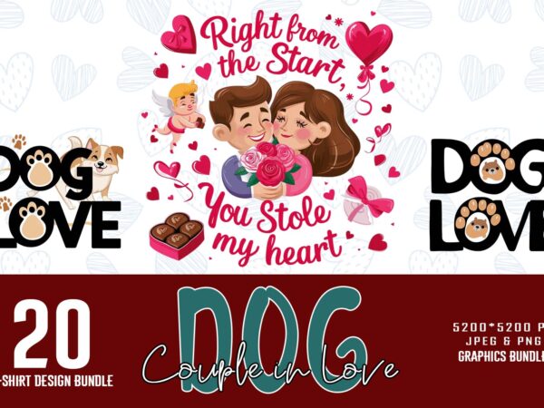 Colourful valentines day dog couple in love t-shirt design bundle of 20 designs – download instantly retro vintage bundle