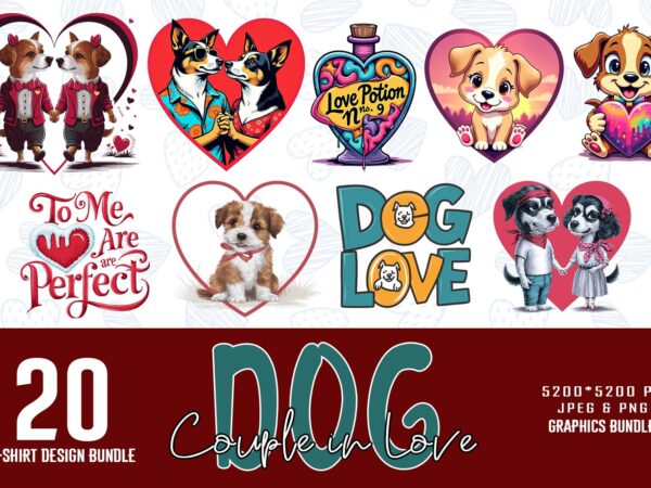 Colourful valentines day dog couple in love t-shirt design bundle of 20 designs – download instantly retro vintage t-shirt bundle