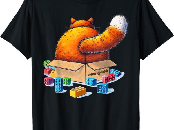 Fat orange cat in cardboard box surrounded by toy blocks t-shirt