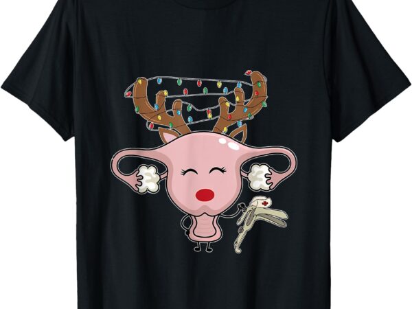 Festive reindeer uterus nurse speculum xmas light obgyn t-shirt