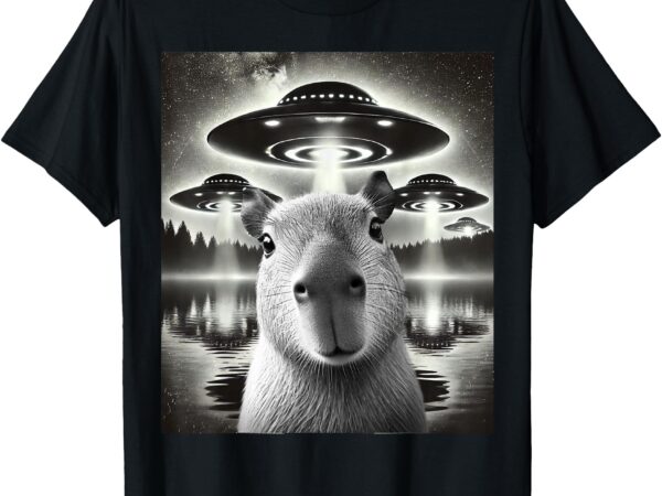 Funny graphic capybara selfie with ufos weird t-shirt