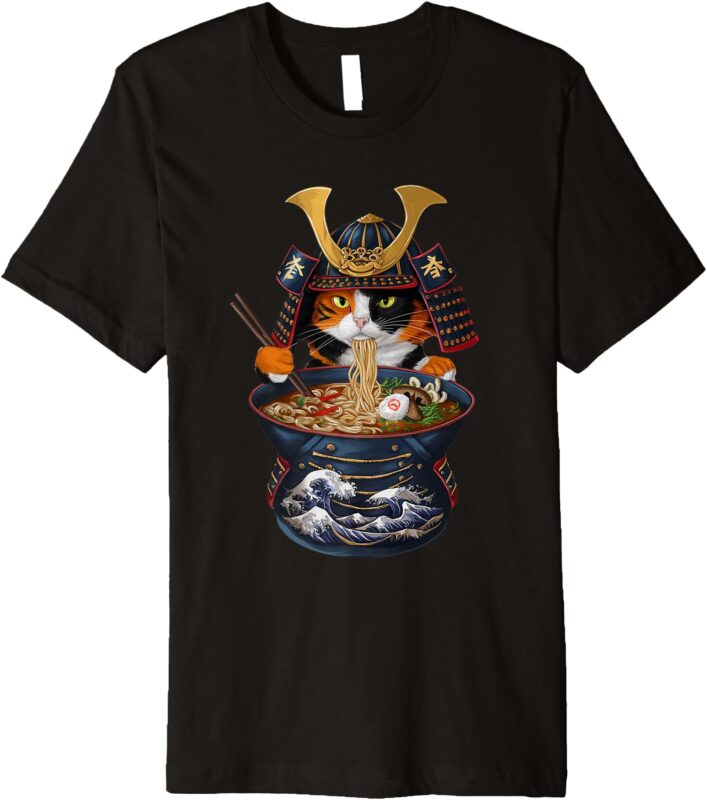 Funny Samurai Cat Eating Ramen Premium T-Shirt