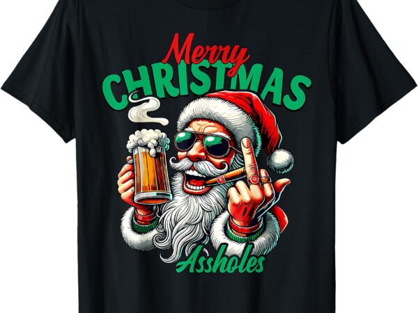 Funny santa claus middle finger drink beer merry christmas t-shirt