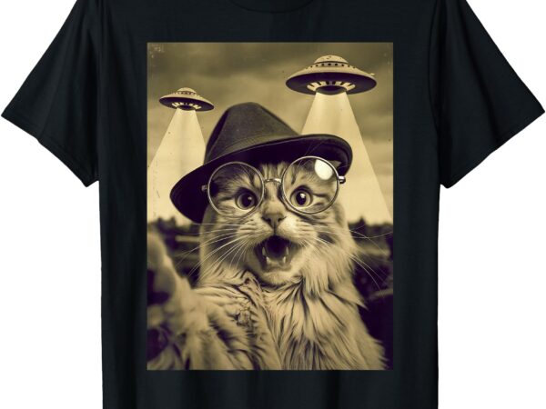 Funny ufo cat selfie vintage t-shirt