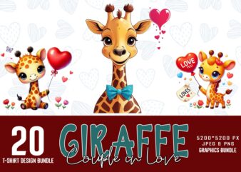 Valentines Day Giraffe in Love t-shirt design bundle of 20 png & jpeg designs – download instantly Retro Vintage T-shirt Design Bundle