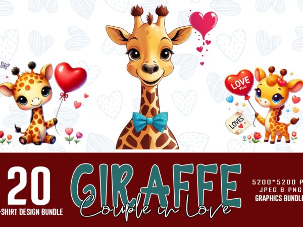 Valentines day giraffe in love t-shirt design bundle of 20 png & jpeg designs – download instantly retro vintage t-shirt design bundle