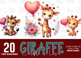 Colourful Valentines Day Giraffe in Love t-shirt design bundle of 20 designs – download instantly Retro Vintage T-shirt Illustration Bundle