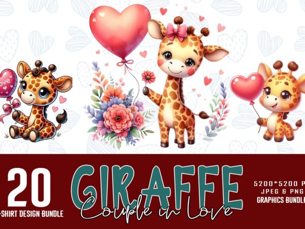 Colourful valentines day giraffe in love t-shirt design bundle of 20 designs – download instantly retro vintage t-shirt illustration bundle