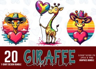 20 Retro Valentines Day Lovely Giraffe in Love t-shirt design bundle