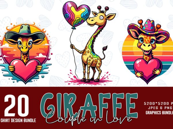 20 retro valentines day lovely giraffe in love t-shirt design bundle