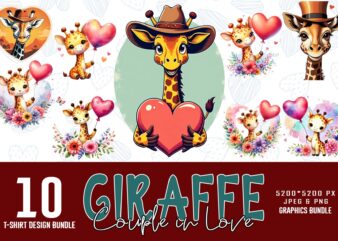 Valentines Day Giraffe in Love t-shirt design bundle of 10 png & jpeg designs – download instantly Retro Vintage T-shirt Design Illustration