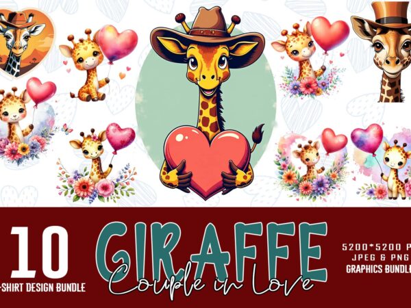 Valentines day giraffe in love t-shirt design bundle of 10 png & jpeg designs – download instantly retro vintage t-shirt design illustration