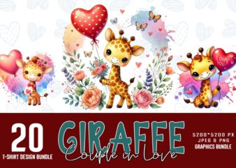 Valentines Day Giraffe in Love t-shirt design bundle of 20 png & jpeg designs – download instantly Retro Vintage Graphics bundle