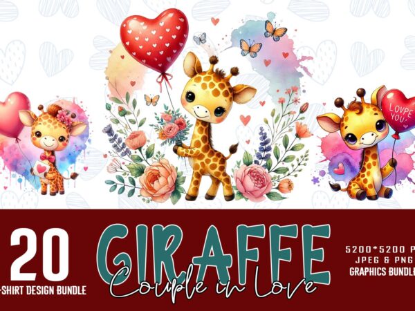 Valentines day giraffe in love t-shirt design bundle of 20 png & jpeg designs – download instantly retro vintage graphics bundle