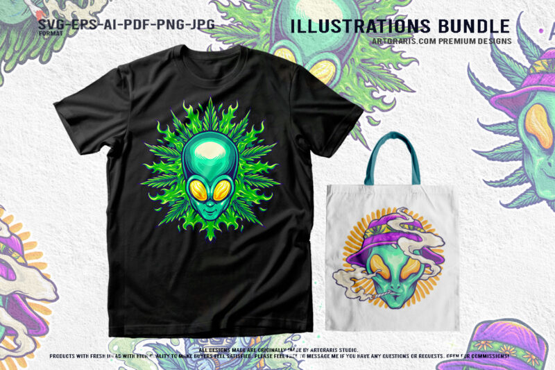 Royal Alien Weed Art Set Bold and Funky Cannabis Graphics Illustration