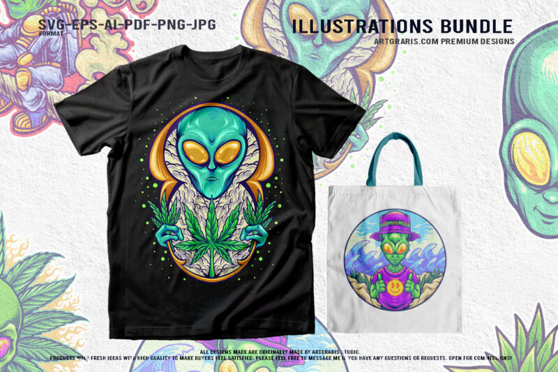 Funky Galactic Weed Alien and Tropical Themed Illustration Bundle