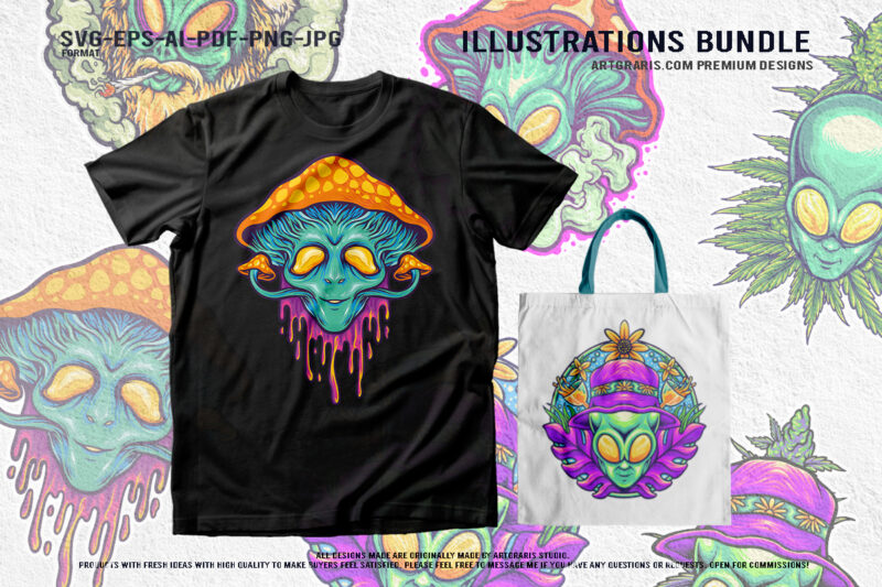 Psychedelic Alien Weed Illustrations Cosmic Cannabis Artwork Collection