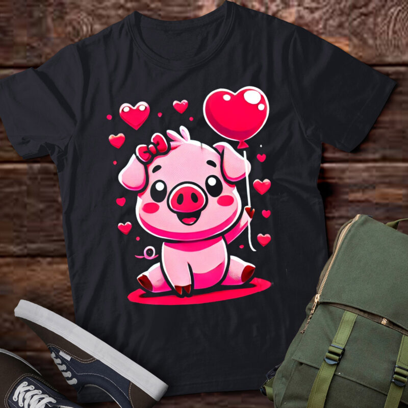 LT972-Pig With Heart Balloon Valentines Day Pig Pullover