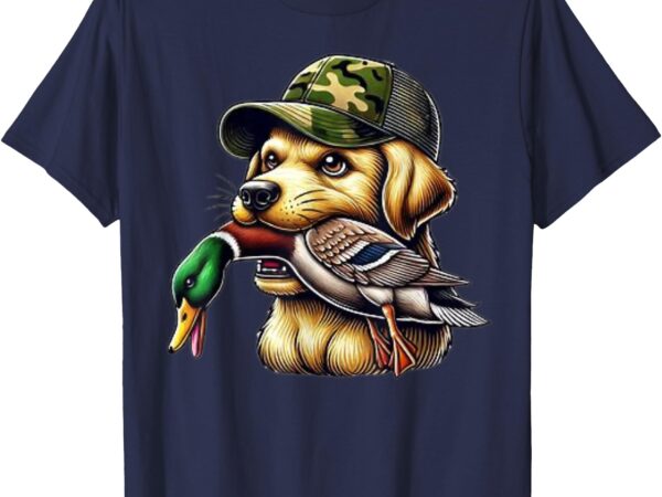 Labrador hunting dog with duck hunter waterfowl hunting camo t-shirt