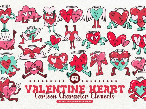 Valentine heart cartoon character element bundle t shirt vector art