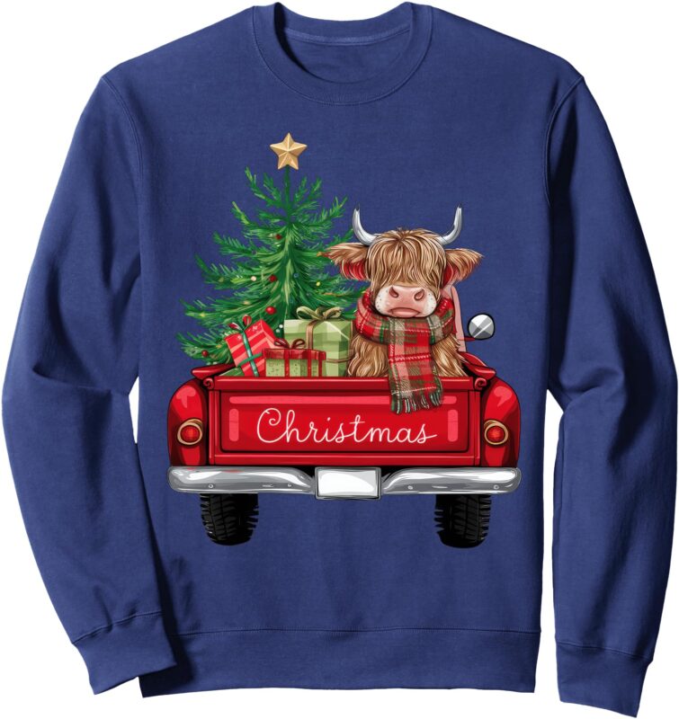 Merry Christmas Highland Cow Christmas Tree Red Truck Xmas Sweatshirt