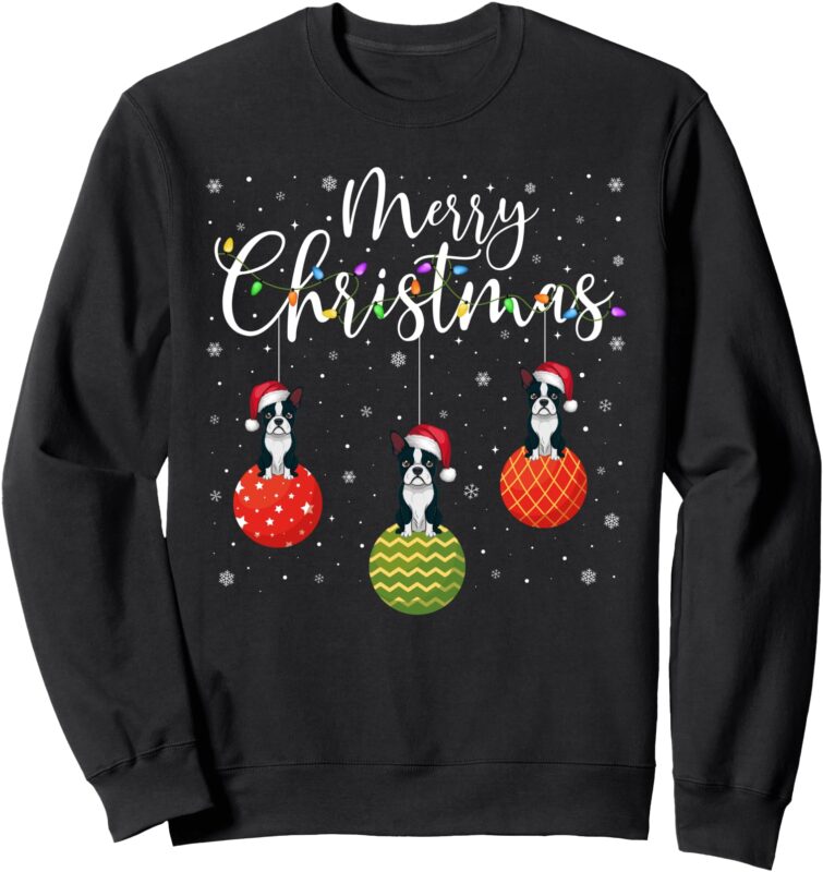 Merry Christmas Lights Santa Hat Boston Terrier Ugly Xmas Sweatshirt