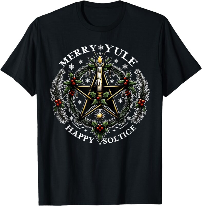 Merry Yule Happy Solstice Holly Christmas Pagan Pentagram T-Shirt