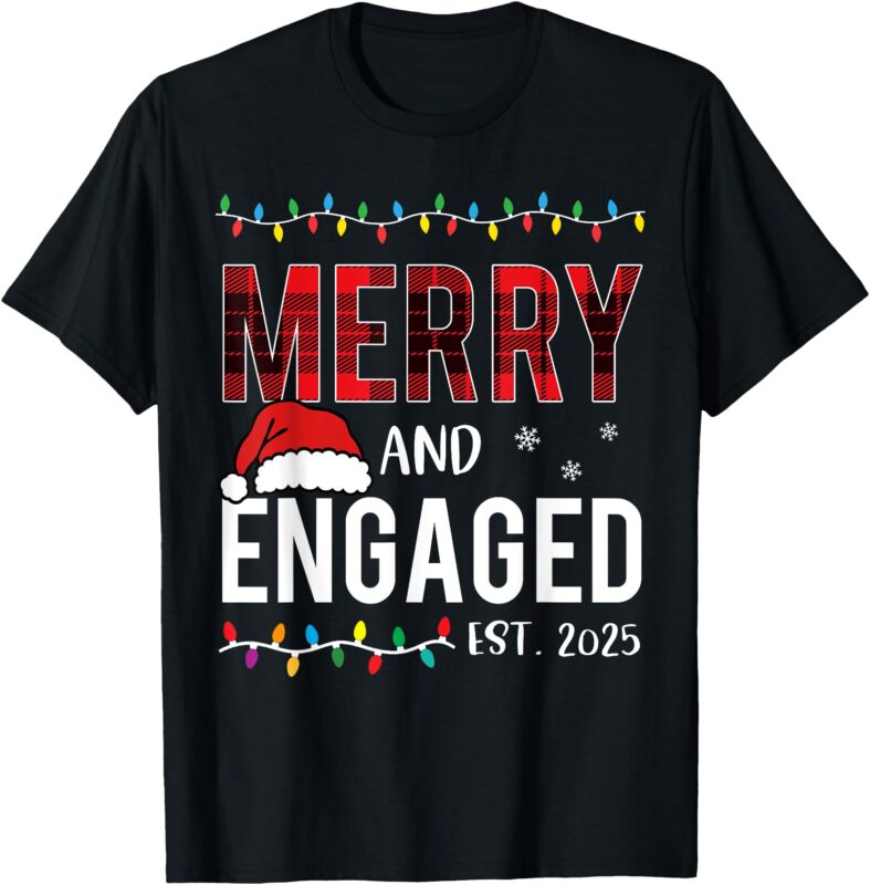 Merry and Engaged 2025 Red Plaid Matching Christmas Couple T-Shirt