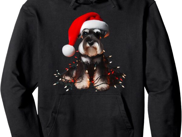 Miniature schnauzer with santa hat and christmas lights dog pullover hoodie t shirt designs for sale