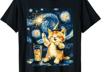 New Year Cat Starry Night Art for Cat Lovers T-Shirt