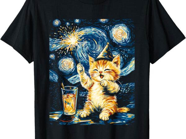 New year cat starry night art for cat lovers t-shirt