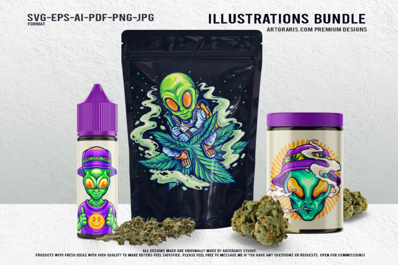 Royal Alien Weed Art Set Bold and Funky Cannabis Graphics Illustration