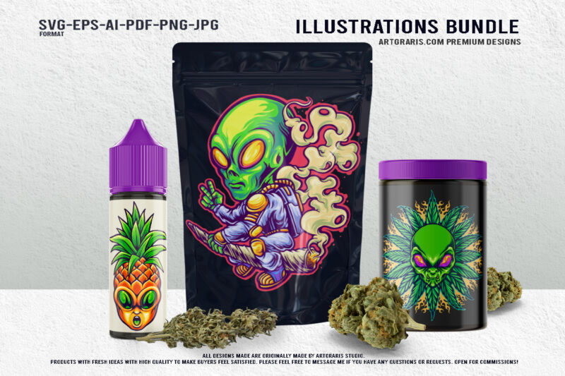 Funky Galactic Weed Alien and Tropical Themed Illustration Bundle