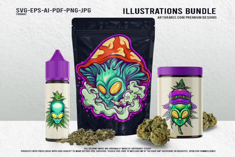 Psychedelic Alien Weed Illustrations Cosmic Cannabis Artwork Collection