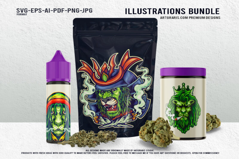 Royal Blaze Lion Kings of Cannabis Illustration Bundle Design