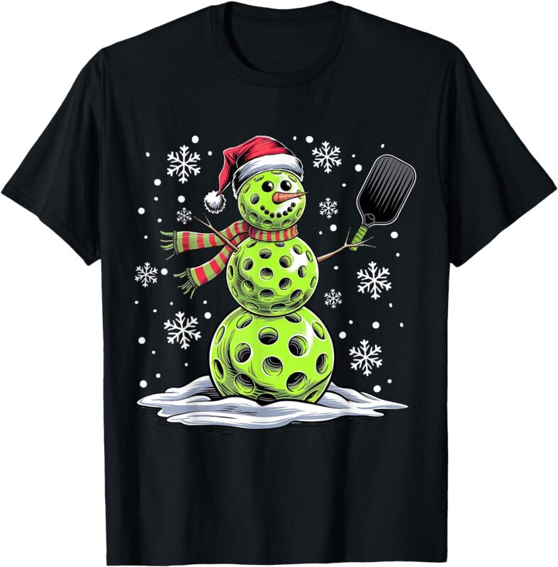 Pickleball Snowman Player Santa Hat Christmas Funny T-Shirt