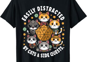 RPG Gamer Cats Easily Distracted Side Quests Gaming Dice T-Shirt